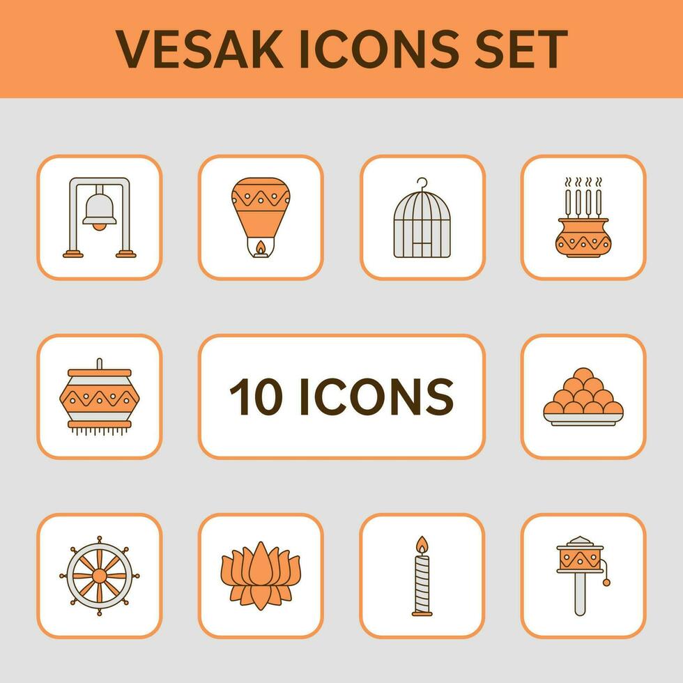 Buddha Jayanti Chinese Festival Icon Set In Orange And Grey Color. vector
