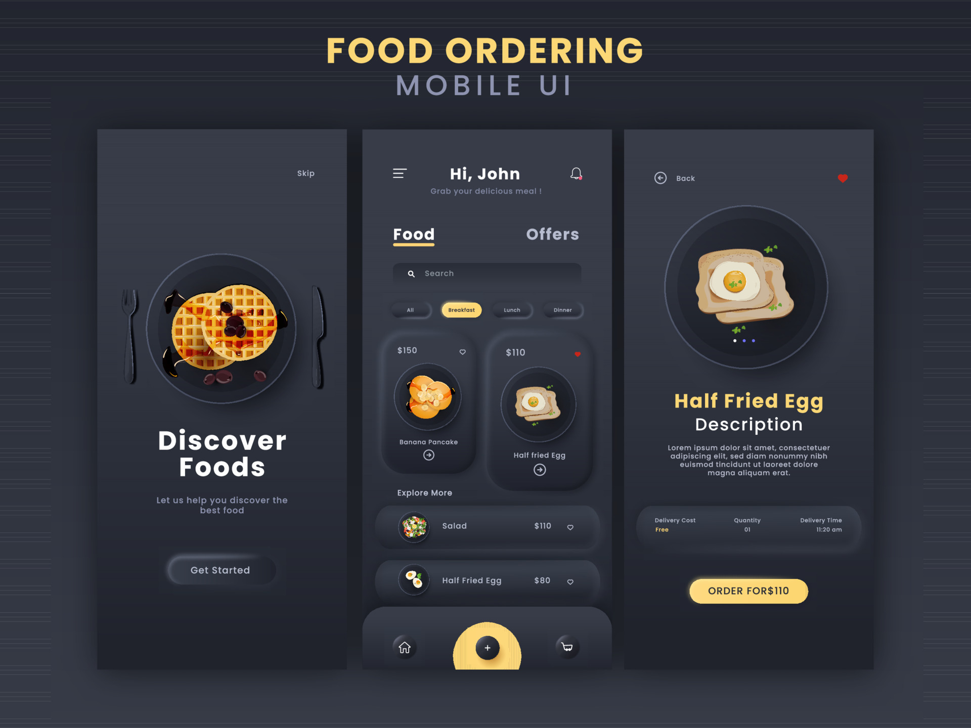 Food Ordering Mobile App UI Including Login, Discover Dish, Description