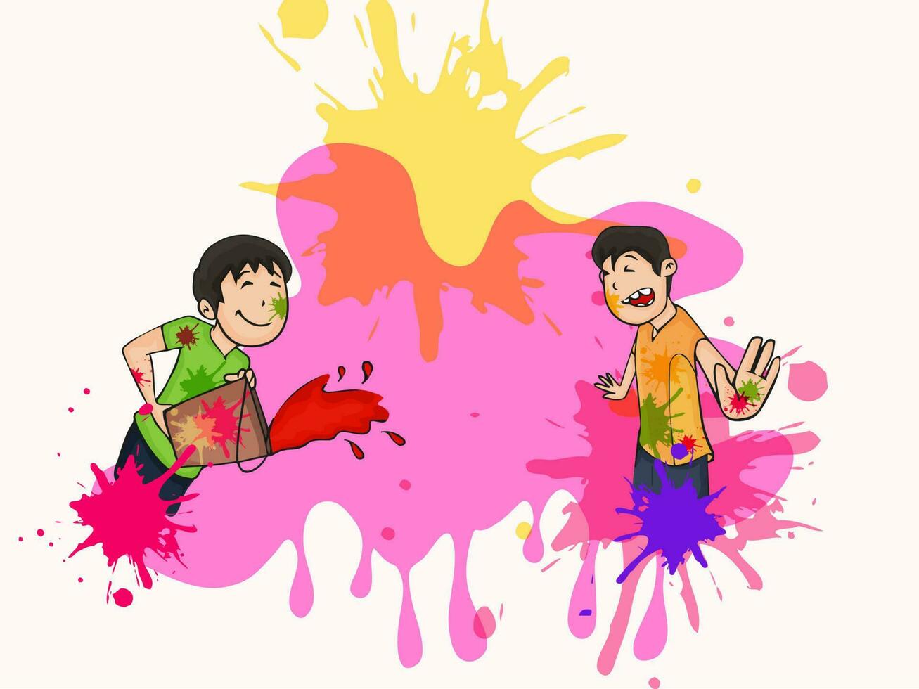 Indian festival of colours, Happy Holi concept with Indian boys playing with waters colours and colour splash against white background. vector