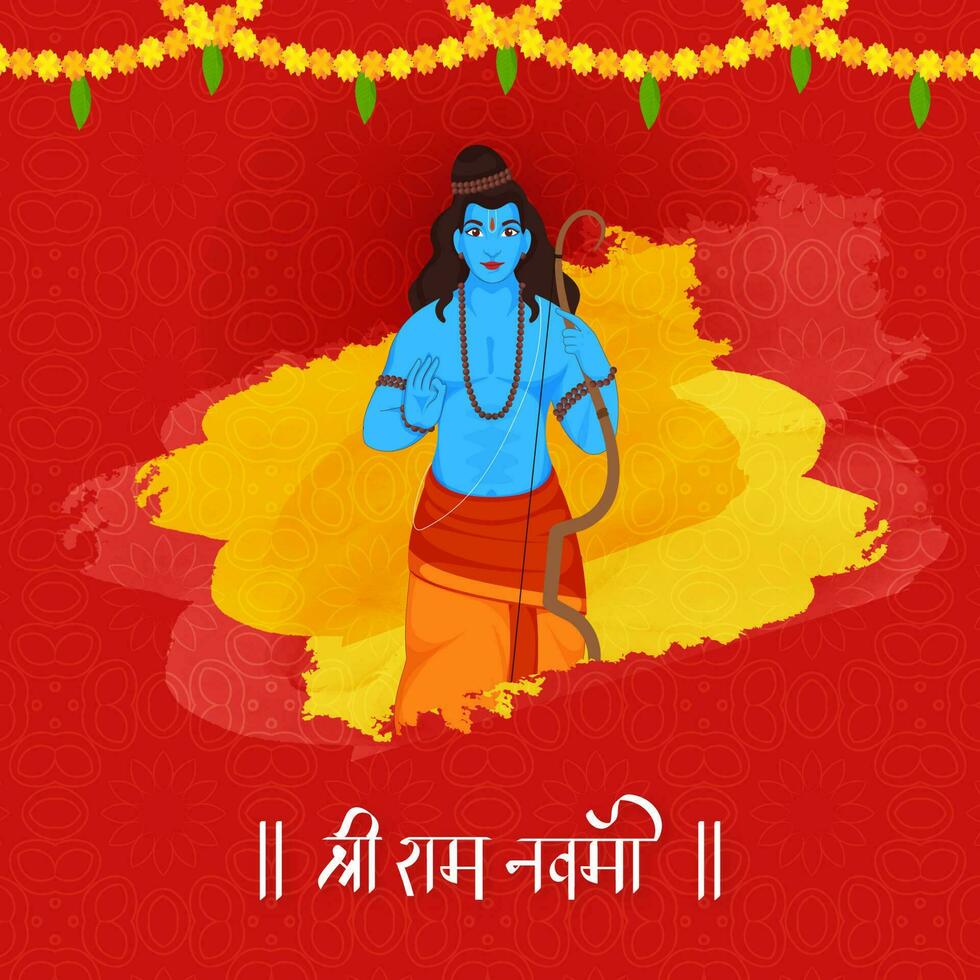 shri RAM navami señor rama cumpleaños bendición concepto con arco flecha, en rojo y amarillo mandala modelo antecedentes. vector