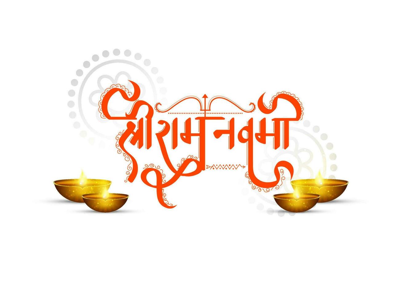 Illustration Of Hindi language Text Shree Ram Navami Lord Rama Birthday Bow Arrow Celebration Background With Holy Oil Lit Lamps. vector