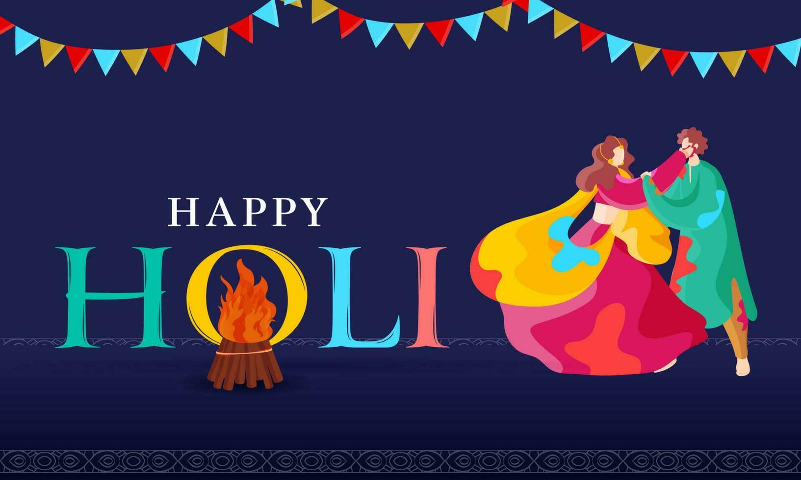 Happy Holi Celebration Banner Design With Bonfire, Indian Couple Playing Colors And Bunting Flags On Blue Background. vector