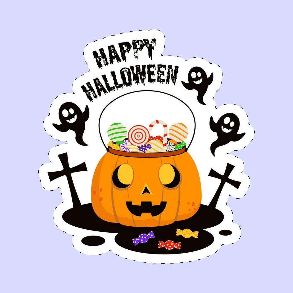 Sticker Style Happy Halloween Font With Scary Pumpkin Basket Full Of Candies, Funny Ghost, Tombstone On Blue Background. vector