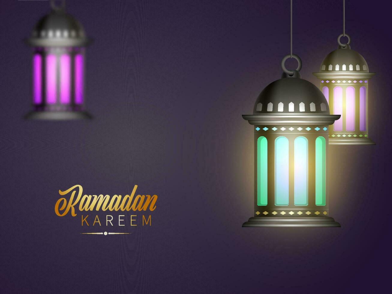 Golden Ramadan Kareem Font With Illuminated Realistic Lanterns Hang On Purple Background. vector