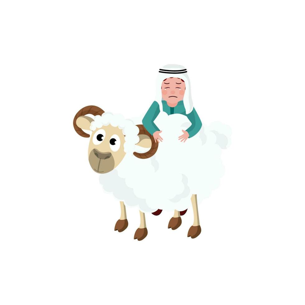 ilustración de llorando árabe chico con dibujos animados oveja en blanco antecedentes. vector