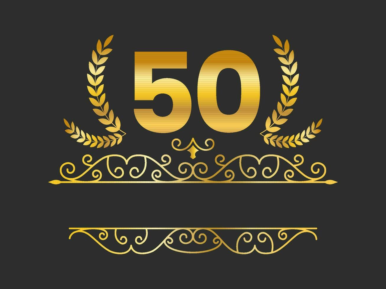 Golden 50 Number With Laurel Wreath And Motif On Black Background. vector