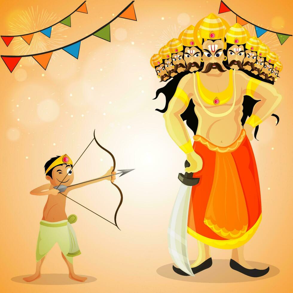 Vector Illustration Of Young Boy Taking An Aim Against Demon King Ravana And Bunting Flags On Orange Bokeh Light Effect Background For Dussehra Concept.