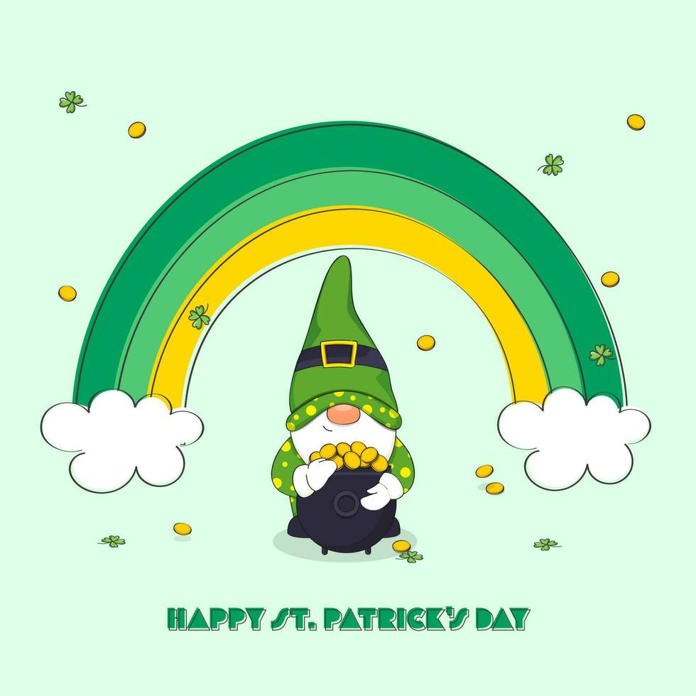 Happy St. Patrick's Day Font With Cartoon Gnome Holding Cauldron Of Coins In Leprechaun Dress And Rainbow On Pastel Green Background. vector