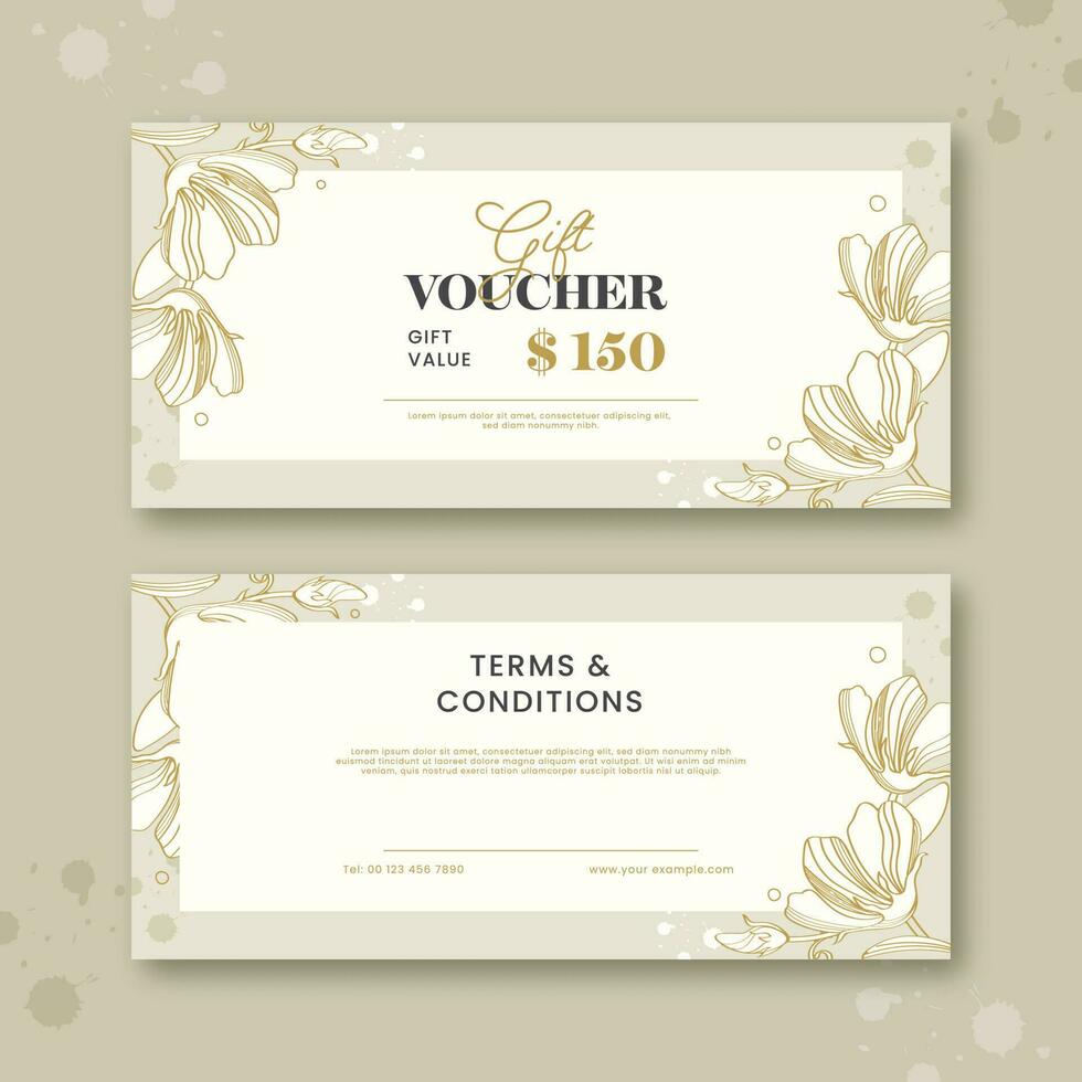 Gift Voucher Banner Design With Linear Flowers In Front And Back Side. vector