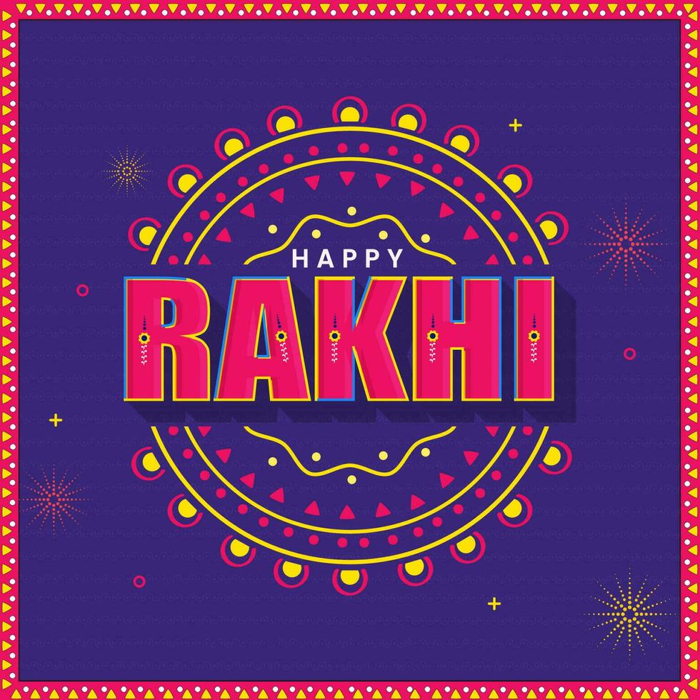 Happy Rakhi Lettering And Dotted Bursting On Blue Wavy Stripe Background. vector