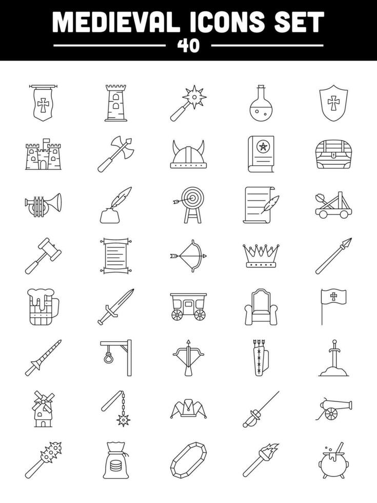 Set Of Medieval Black Stroke Icon Or Symbol. vector