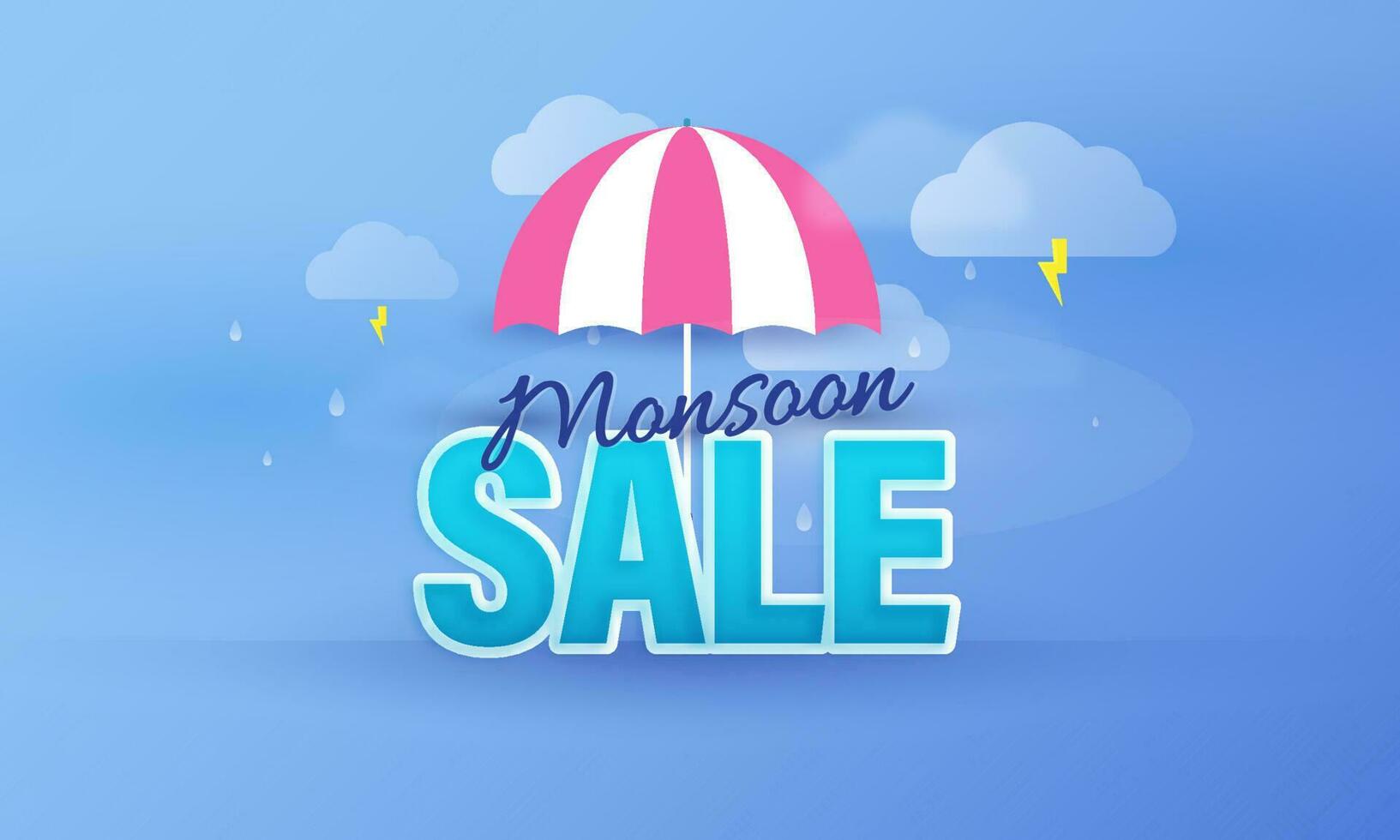 Monsoon Sale Banner Design With Umbrella, Thunderstorms On Blue Background. vector