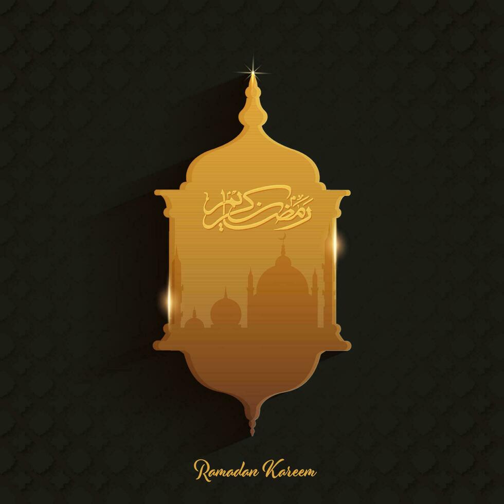 Arabic Calligraphy Of Ramadan Kareem On Brown Lantern Shape With Silhouette Mosque Against Black Moroccan Pattern Background. vector