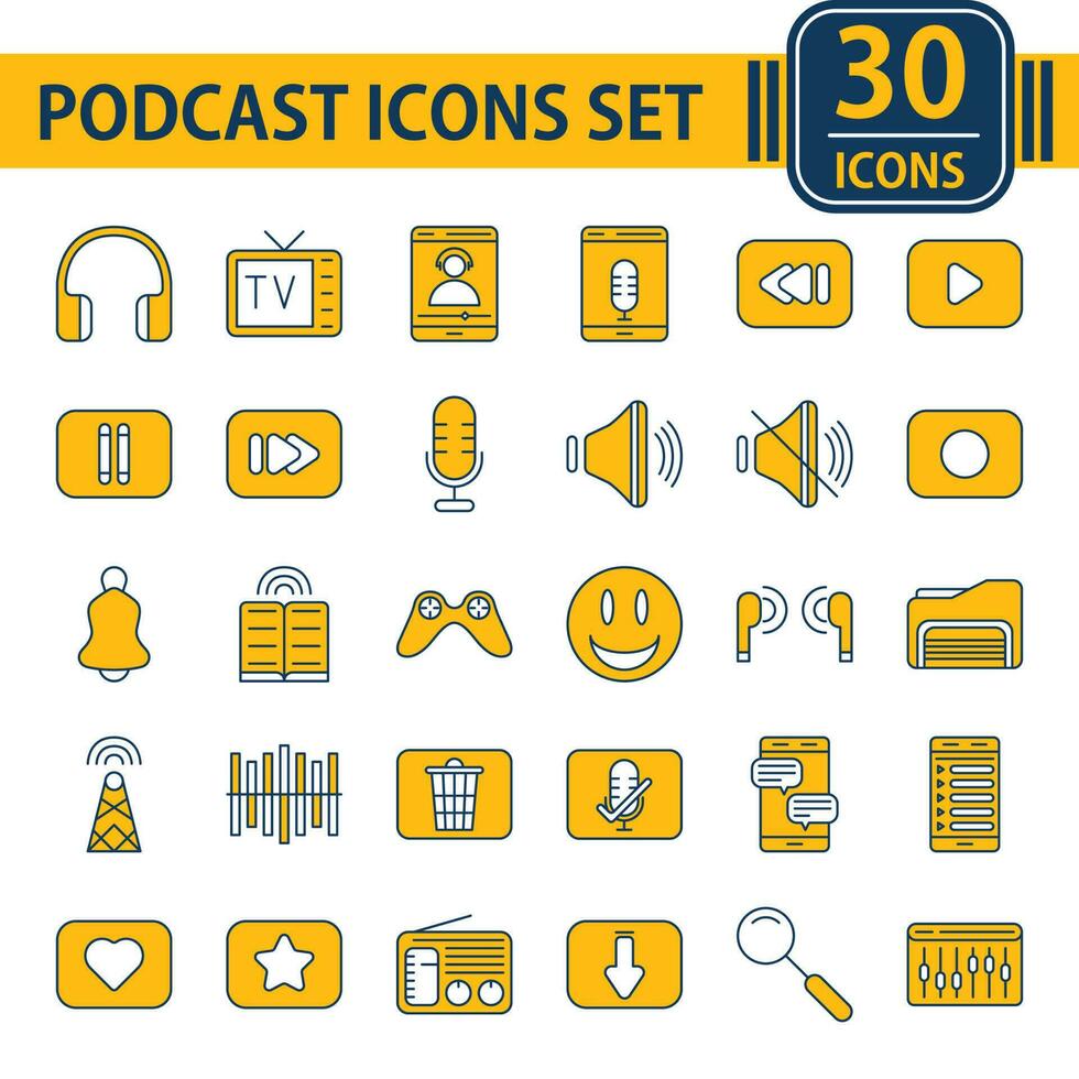 Flat Style Podcast Icon Set In Yellow And White Color. vector