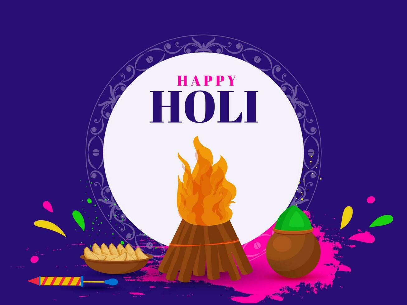 Happy Holi Celebration Concept With Bonfire, Mud Pot Full Of Powder, Water Gun, Indian Sweet On White And Purple Background. vector