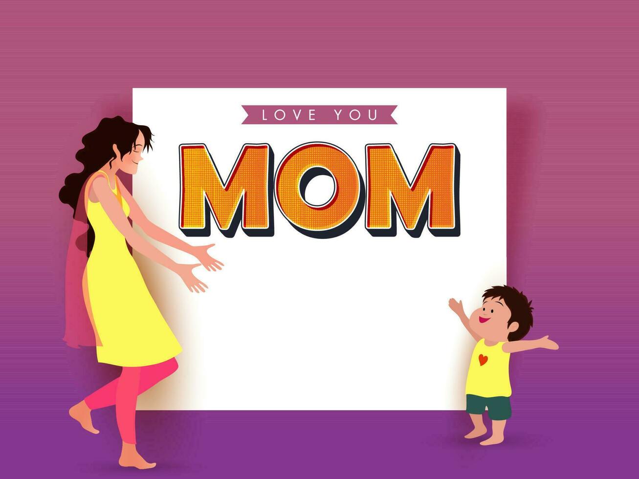 Love You Mom Font Over White Paper With Young Lady Saying Come Here My Son On Pink And Purple Background. vector