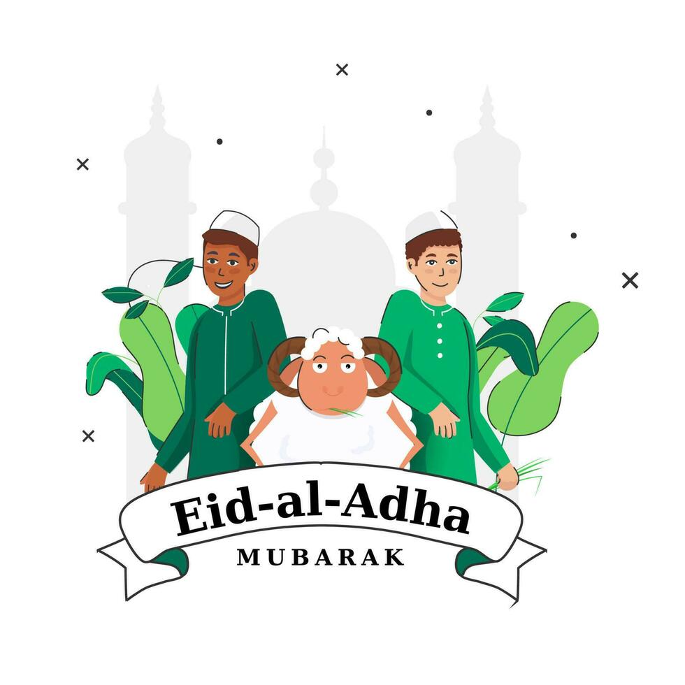 Eid-Al-Adha Mubarak Concept With Islamic Young Boys Standing And Cartoon Goat On White Silhouette Mosque Background. vector