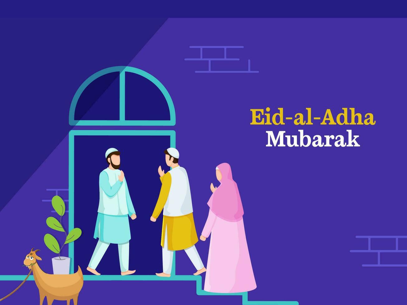 Eid Al Adha Mubarak Concept With Cartoon Islamic People Celebrating Together And Goat Animal On Violet Background. vector