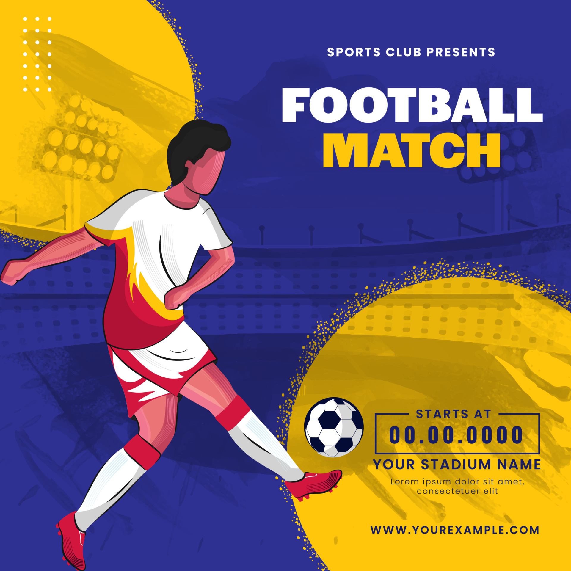 Football Match Poster Design With Faceless Footballer Player