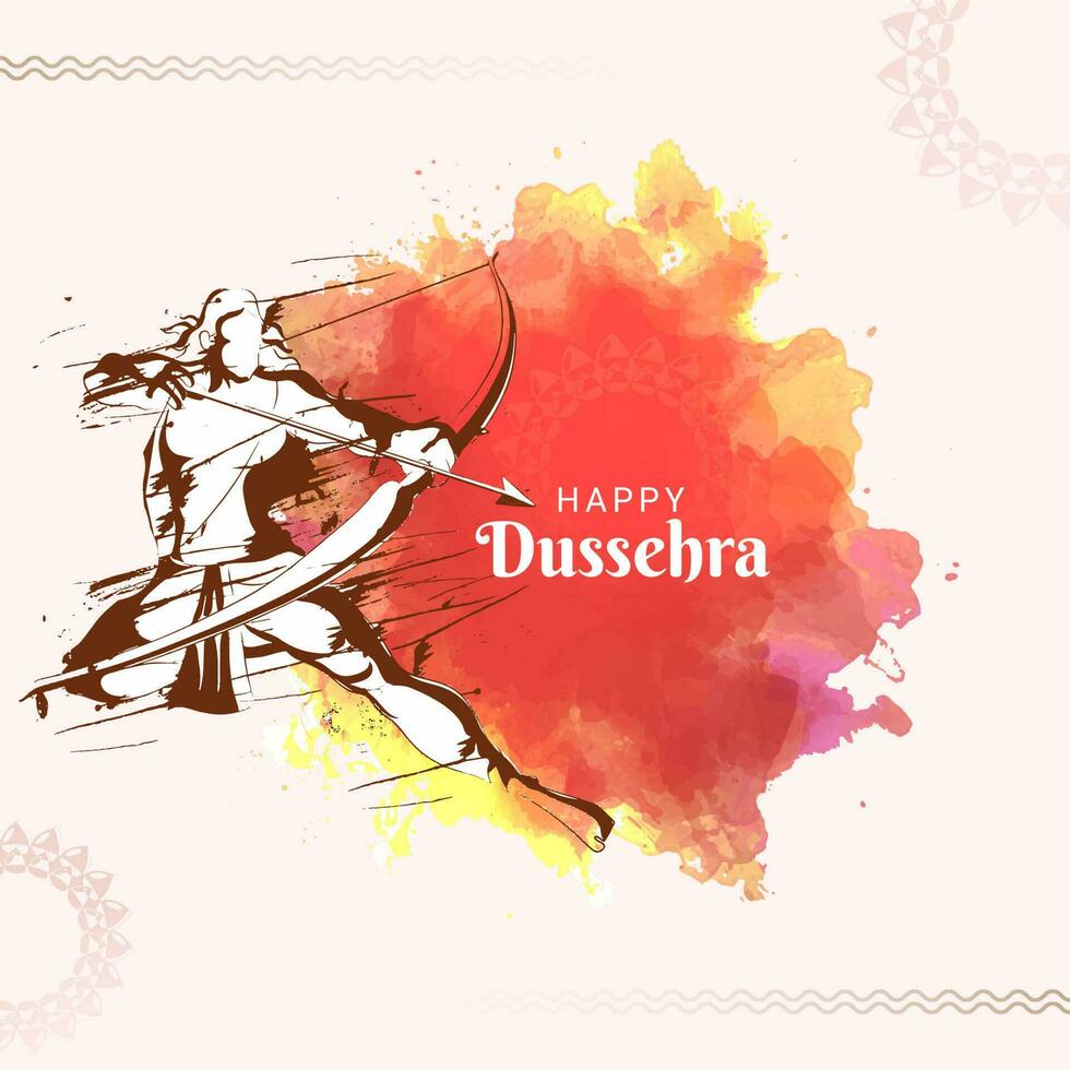 Happy Dussehra Celebration Concept With Doodle Lord Rama Taking An Aim And Watercolor Effect On Beige Background. vector