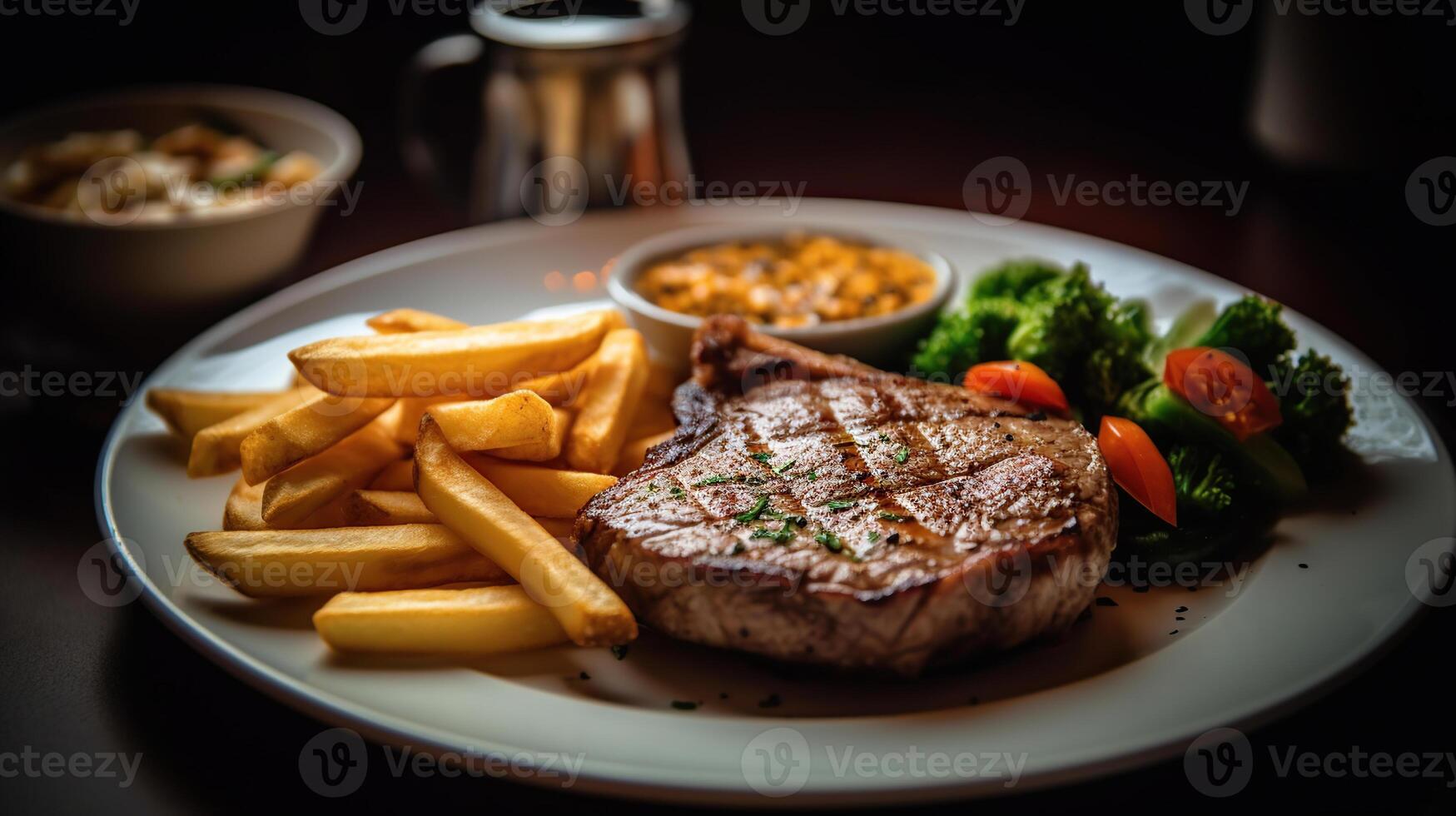 Grilled steak with french fries and vegetables served on wooden table, photo