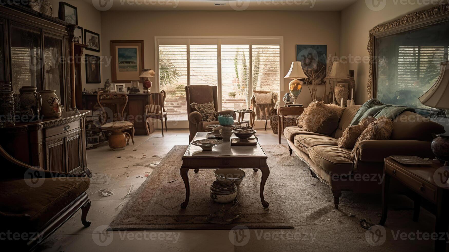 Interior of living room after earthquake, photo