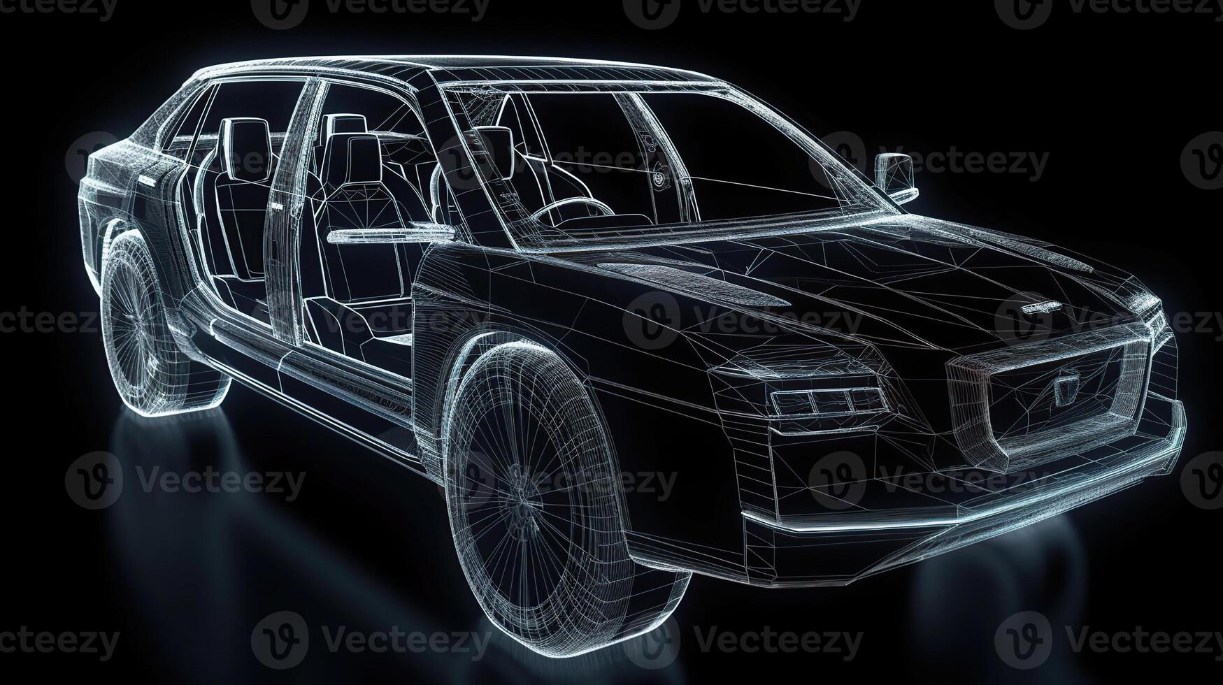 Wireframe of modern car with hi tech user interface details in dark environment, photo