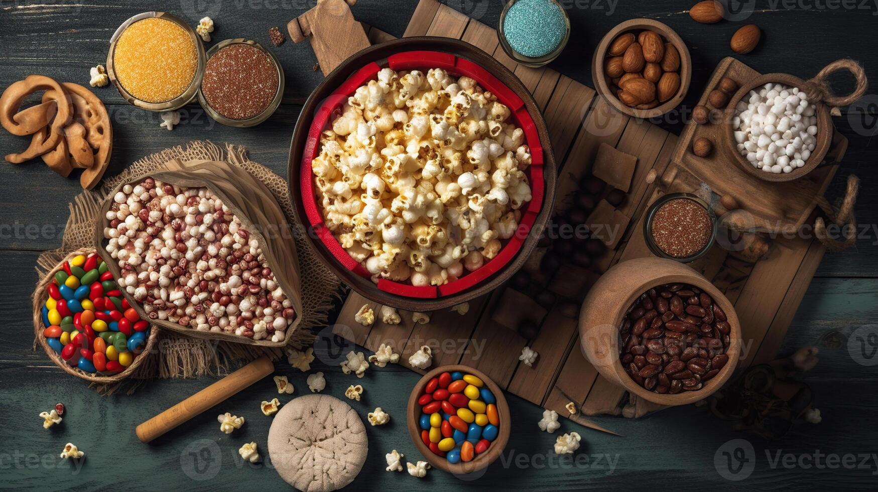 Festa Junina party background with popcorn, peanuts and traditional sweets, photo