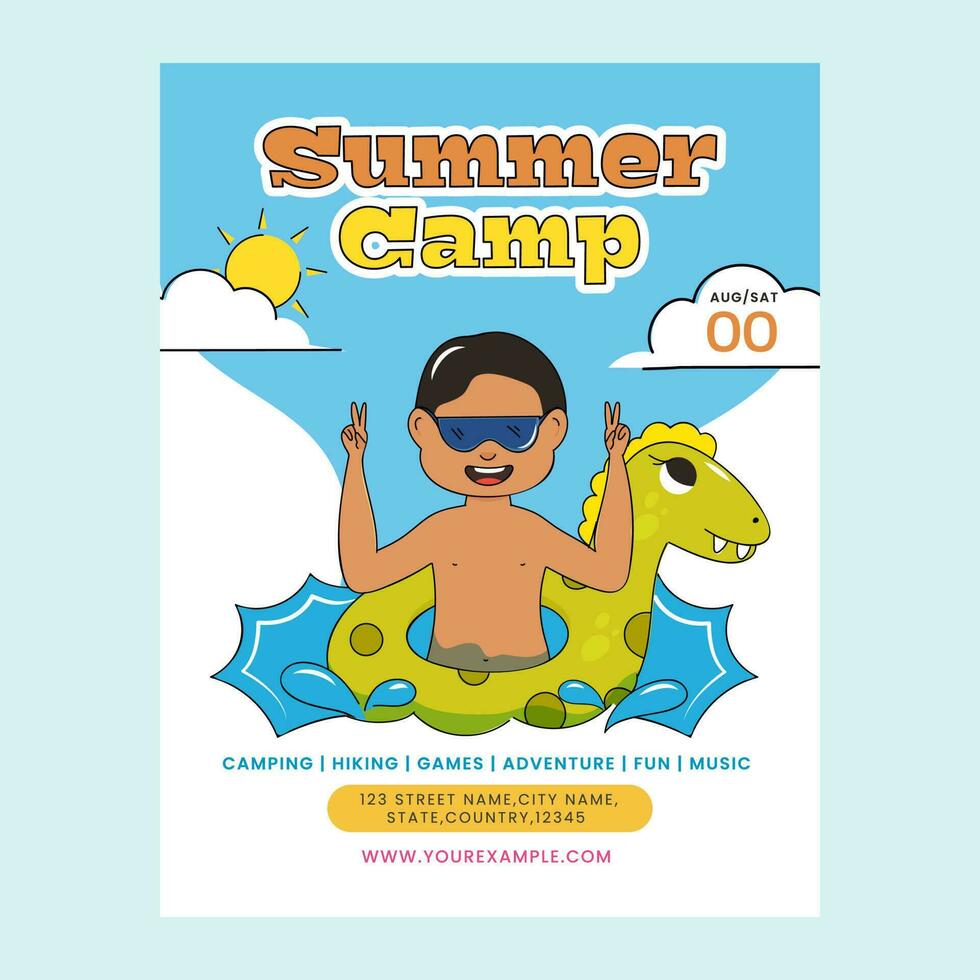 Summer Camp Flyer Design With Cartoon Swimmer Boy And Dragon Swimming Ring In Blue And White Color For Advertising. vector