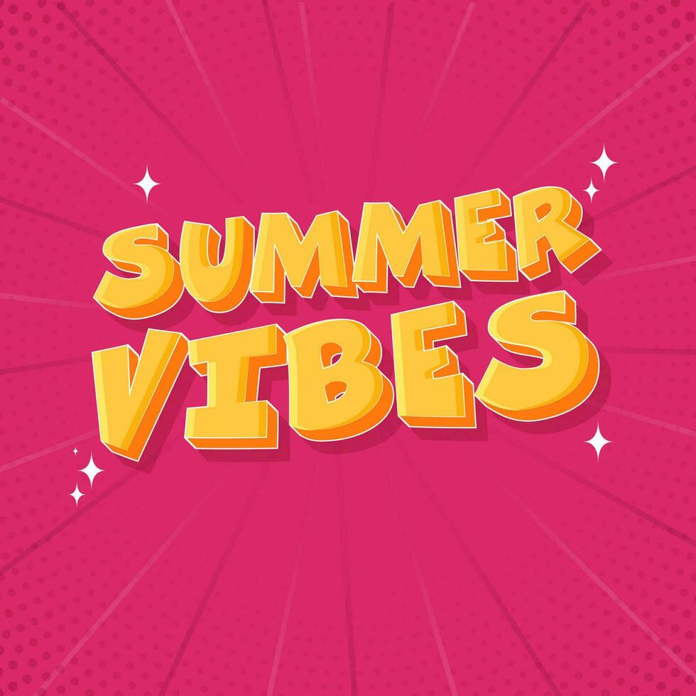 3D Yellow Summer Vibes Font On Pink Rays Halftone Effect Background. vector