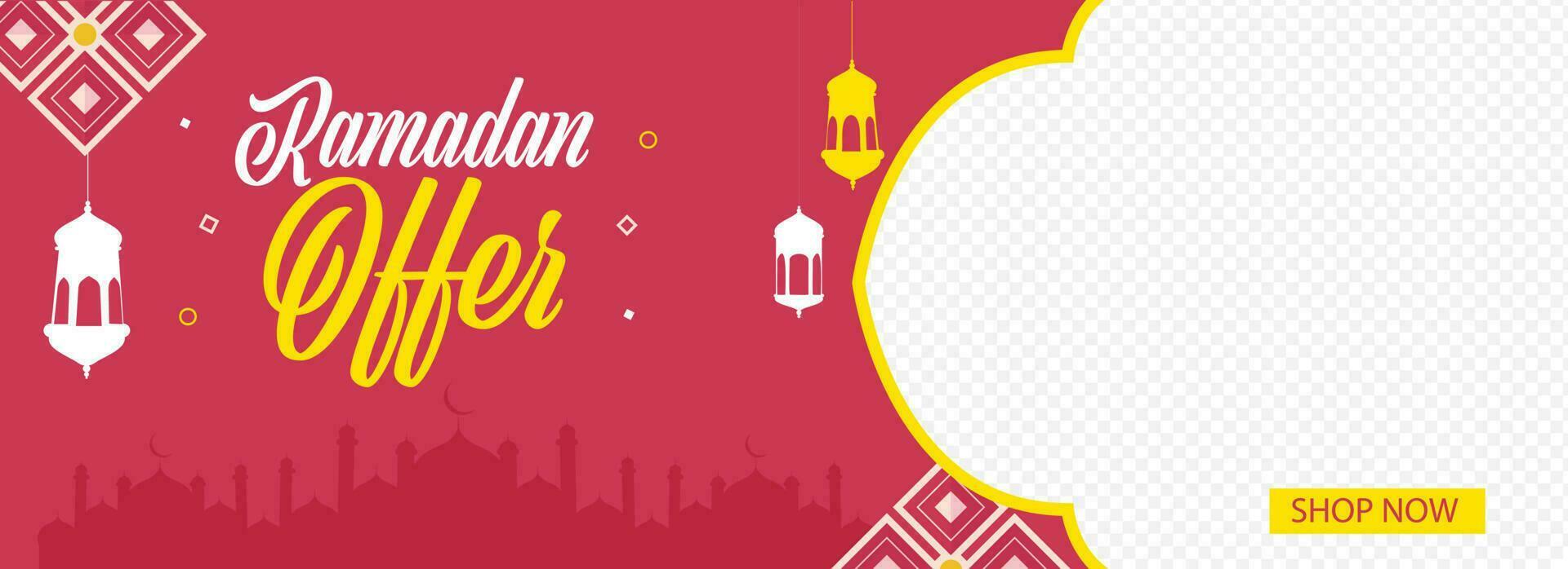 Ramadan Sale Banner Or Header Design With Hanging Lanterns, Silhouette Mosque And Space For Product Image On Red And Png Background. vector