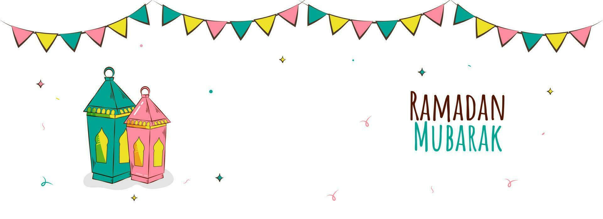 Ramadan Mubarak Concept With Arabic Lanterns And Bunting Flags Decorated On White Background. vector