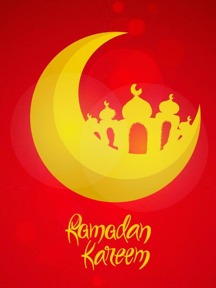 Ramadan Kareem Celebration Template Design With Yellow Crescent Moon, Mosque On Red Bokeh Background. vector