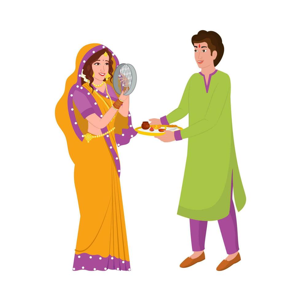 indio mujer ejecutando hindú matrimonio festival ritual de karwa chauth mirando su marido mediante tamiz en blanco antecedentes. vector