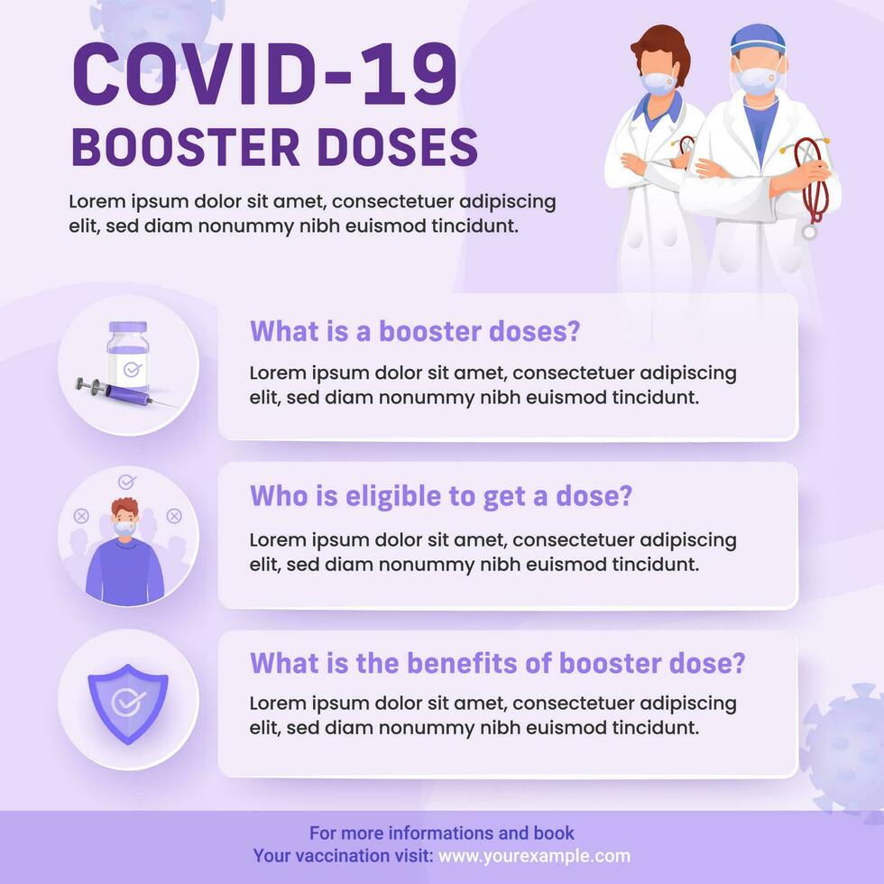 Covid-19 Booster Doses Related Question And Answer With Doctor Characters On Purple Background. Awareness Poster Or Template Design. vector
