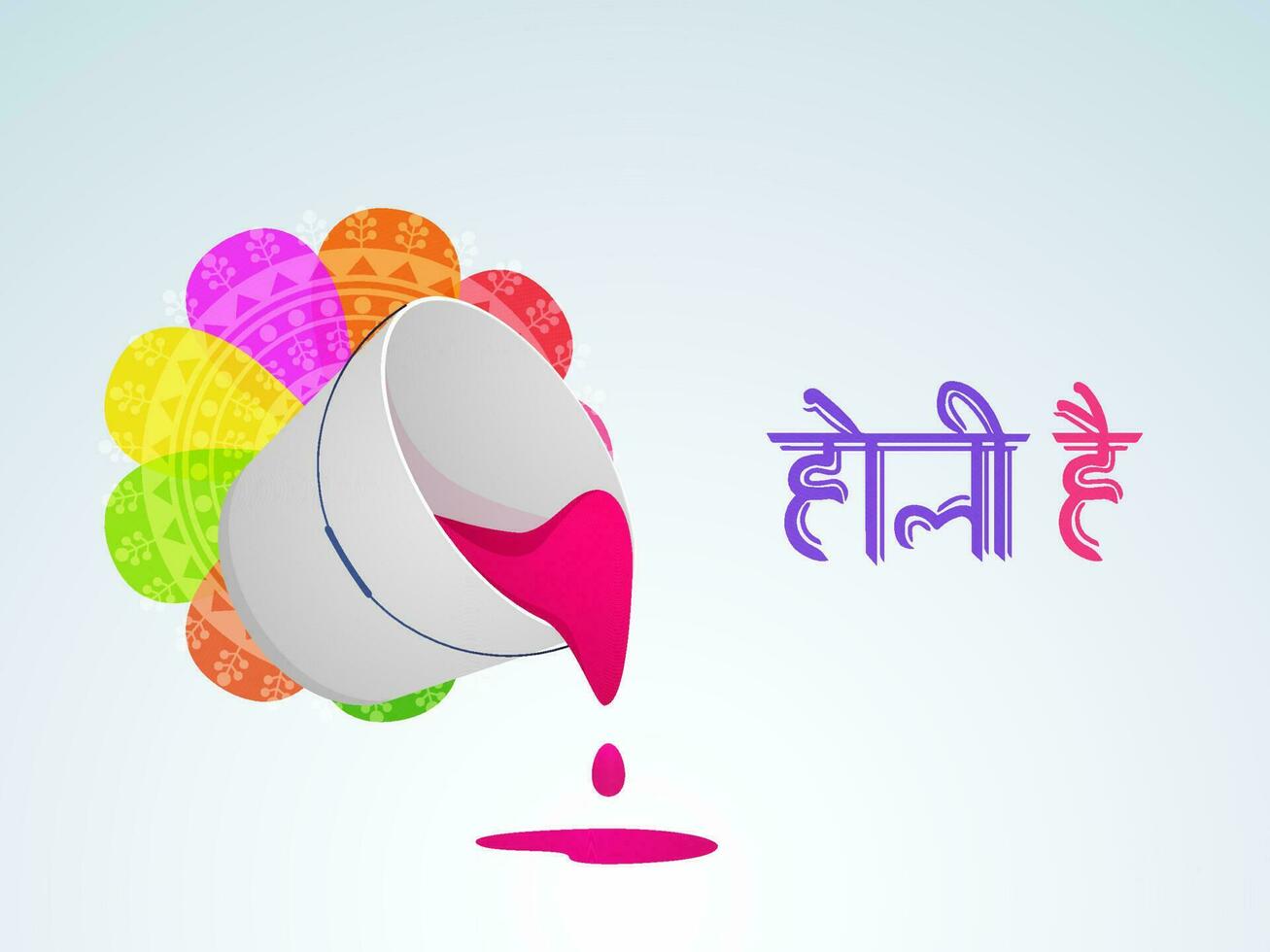 Hindi Lettering Of It's Holi With Color Pouring From Realistic Bucket, Colorful Rangoli On Light Blue And White Background. vector