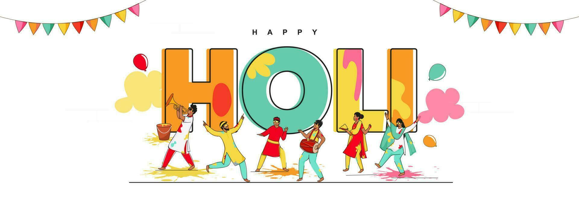 Vector Illustration Of Young Indian People Celebrating Holi Festival Together And Bunting Flags On White Background.