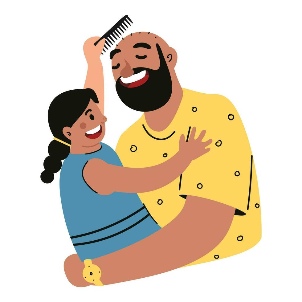 Cartoon Daughter Combing Head Of His Father Against White Background. vector