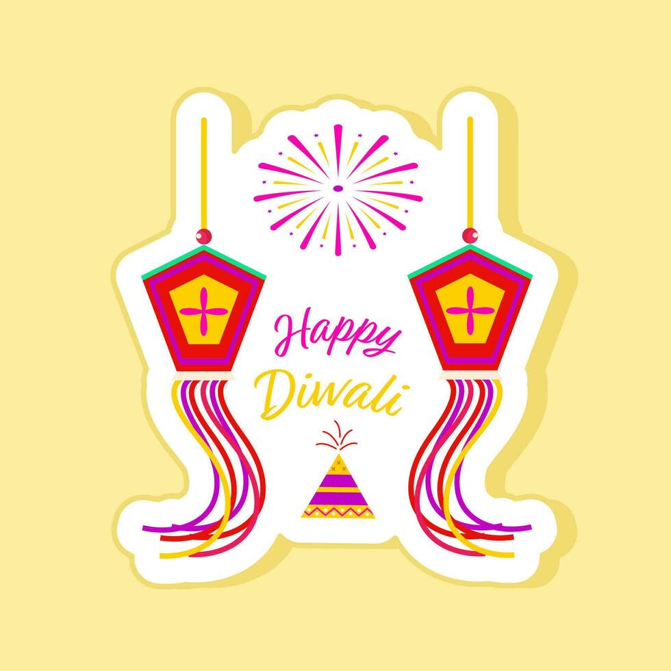 Happy Diwali Message Sticker Of Burning Firecracker Anar Against Kandil Hang White And Yellow Background. vector