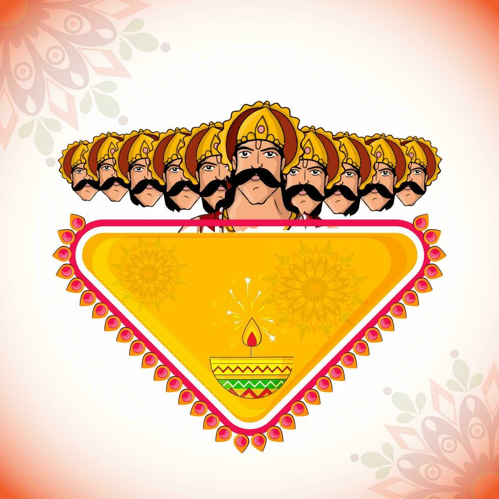 Hindu Mythological Demon Ravana Ten Head With Lit Oil Lamp, Triangle Frame On Glossy White And Red Background For Dussehra Concept. vector
