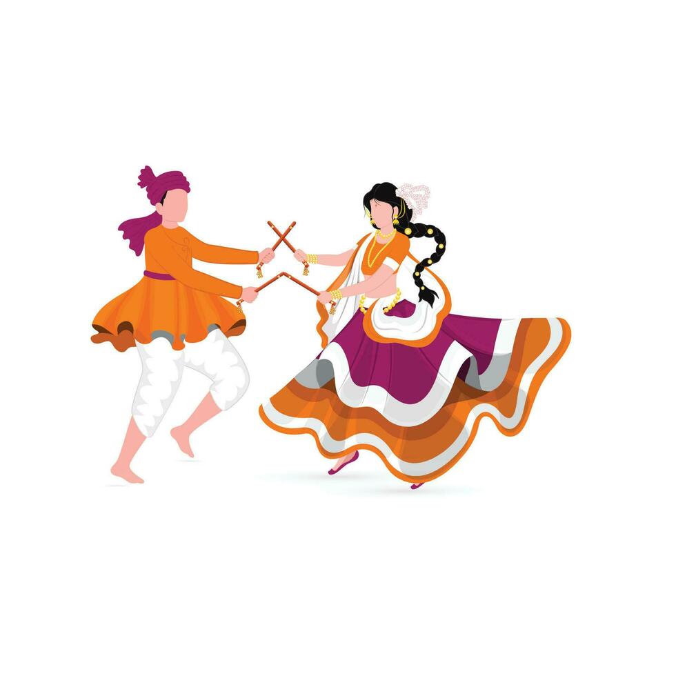 sin rostro indio Pareja jugando dandiya en tradicional atuendo en blanco antecedentes. vector