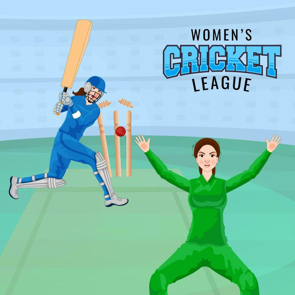 Women's Cricket League Concept With Out Female Batter Player And Cheering Bowler On Playground Or Stadium Background. vector