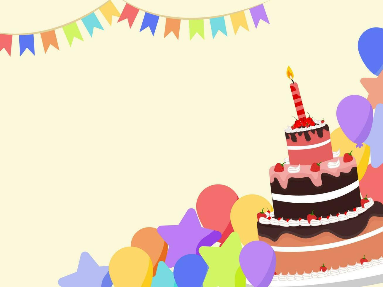 cumpleaños concepto con pastel, estrellas y globos vector