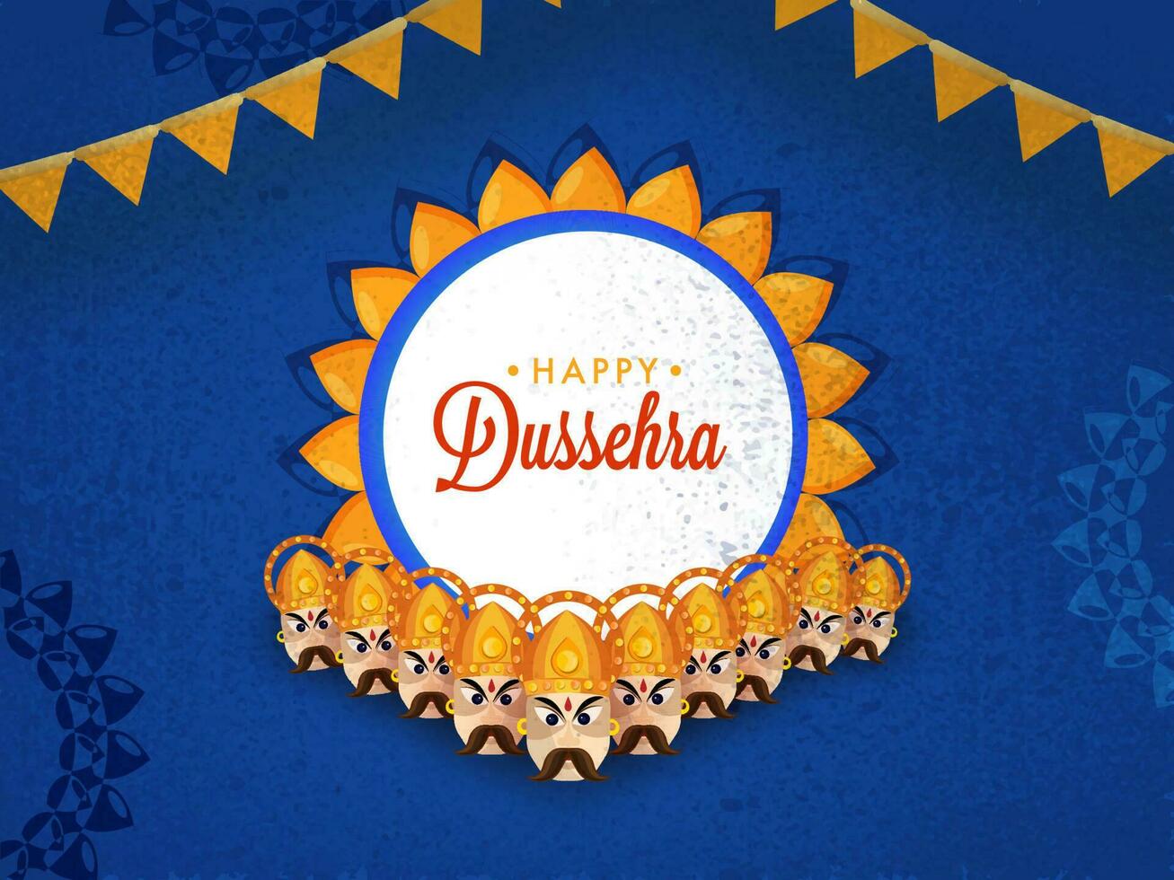 Happy Dussehra Lettering Over Floral Frame With Ten Head Of Demon King Ravana And Bunting Flags On Blue Mandala Pattern Background. vector