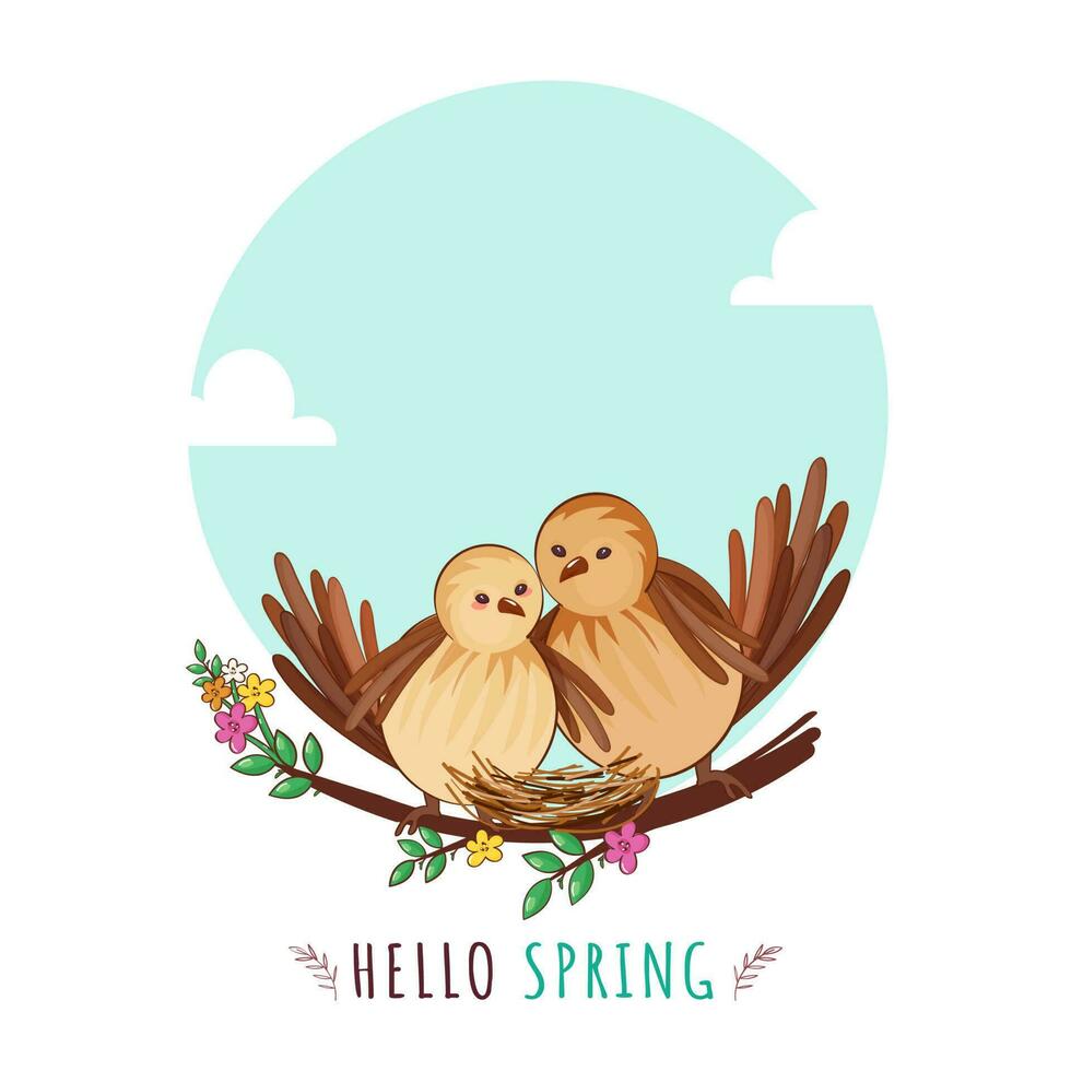 Hello Spring Poster Design With Couple Bird Sitting At Floral Branch On Blue And White Background. vector