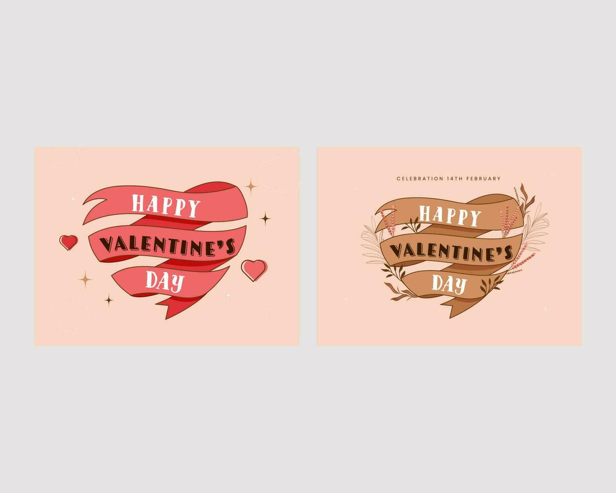 conjunto de contento San Valentín día cinta en corazón forma en rosado antecedentes. vector