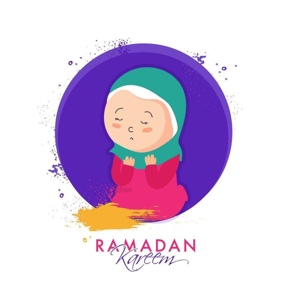 Ramadan Kareem Concept With Cartoon Muslim Woman Offering Namaz Prayer On Purple And White Background. vector