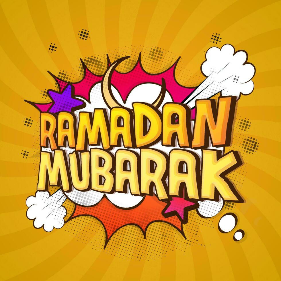 Ramadan Mubarak Font With Crescent Moon, Stars On Pop Art Style Background. vector