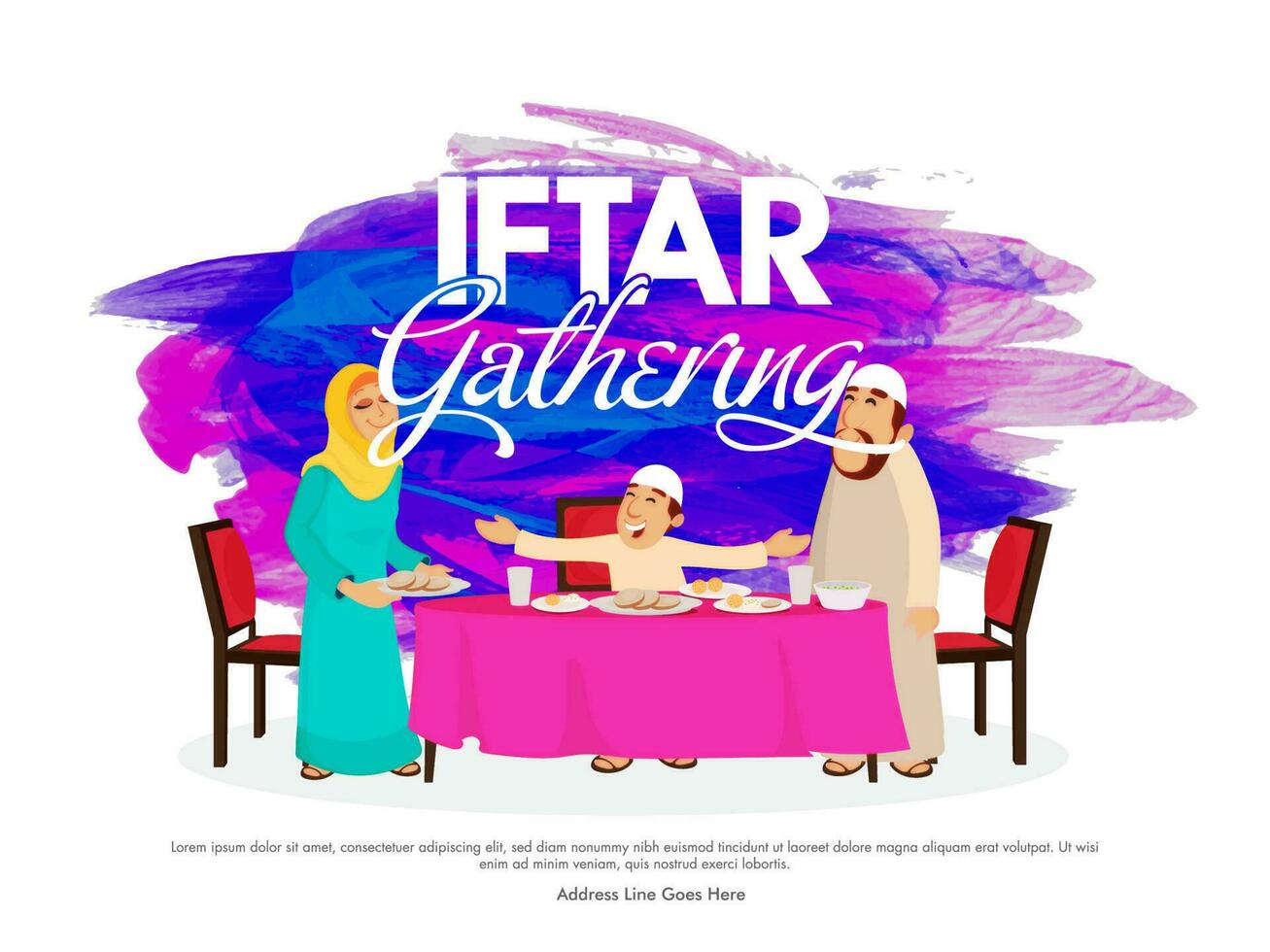 Iftar Gathering Poster Design With Islamic Family Invited To Dining Table On Abstract Brush Effect Background. vector