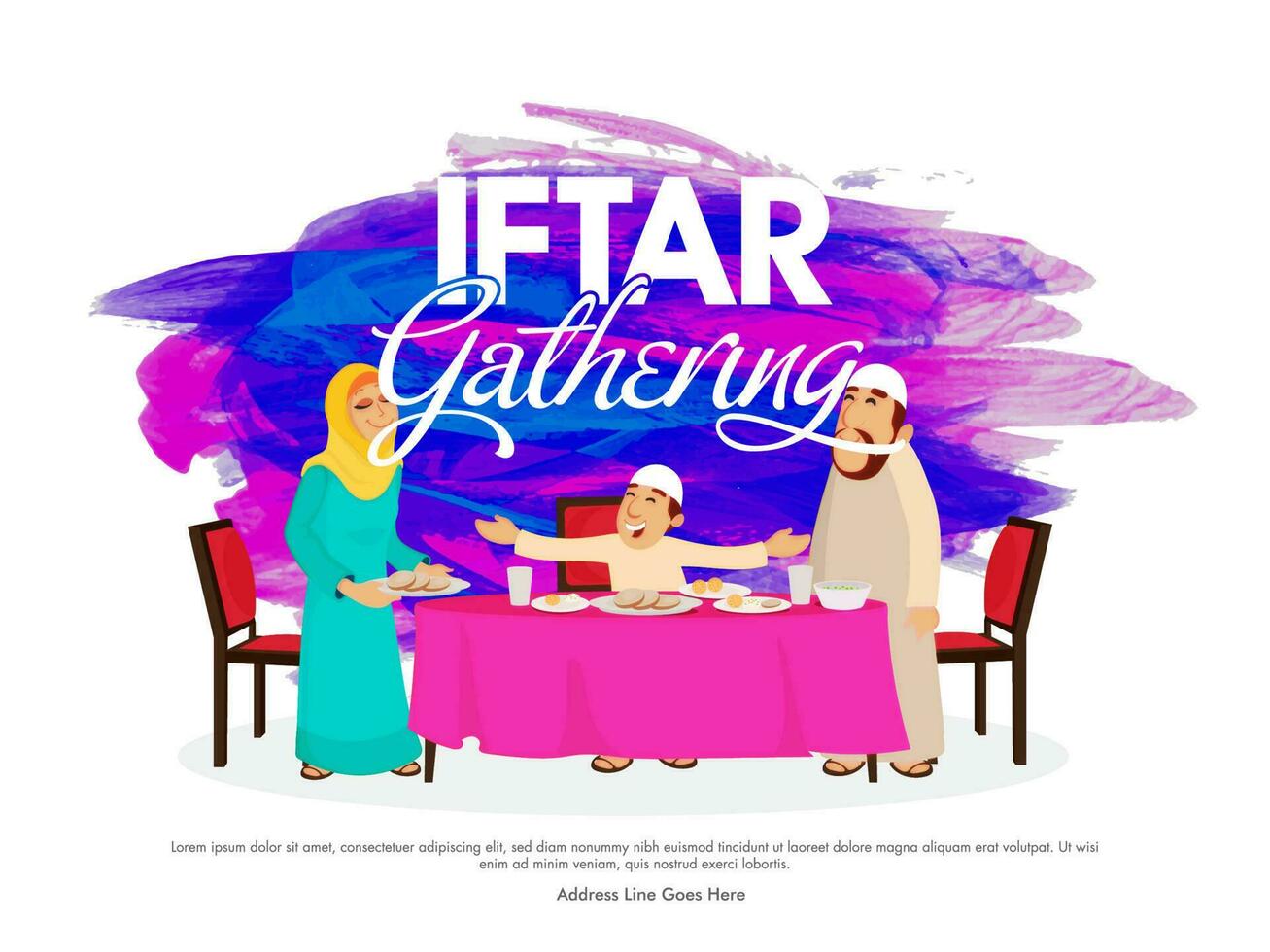 iftar reunión póster diseño con islámico familia invitado a comida mesa en resumen cepillo efecto antecedentes. vector